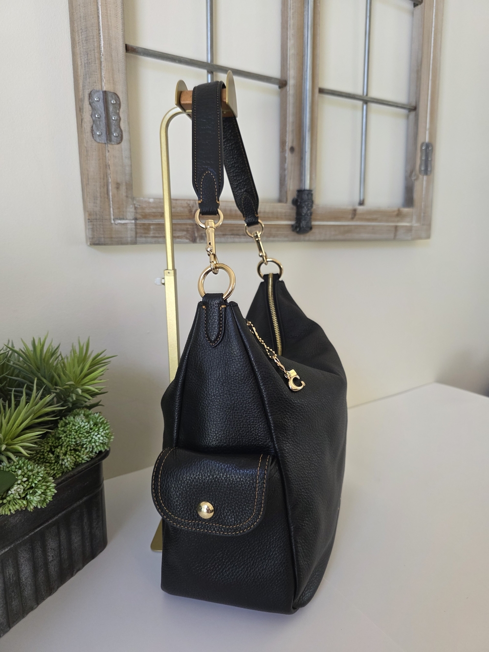 Coach Pennie Hobo Shoulder Bag Black Pebbled Leather Gold Tone C Mini Charm - Picture 7 of 13